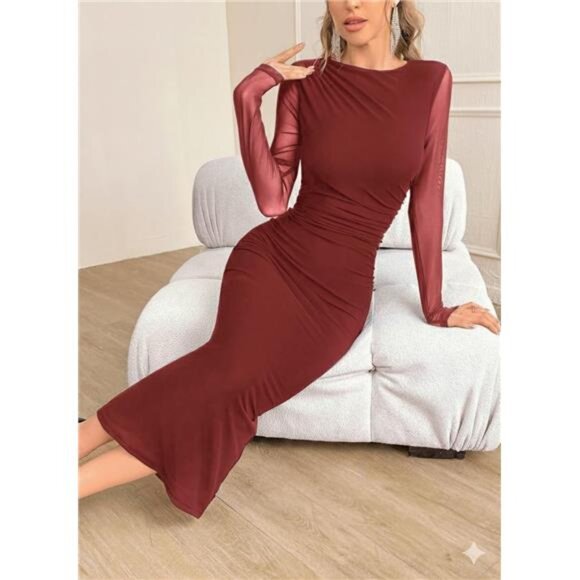 Women's Long Sleeve Dress Elegant Classy wine Red - Picture 4 of 7